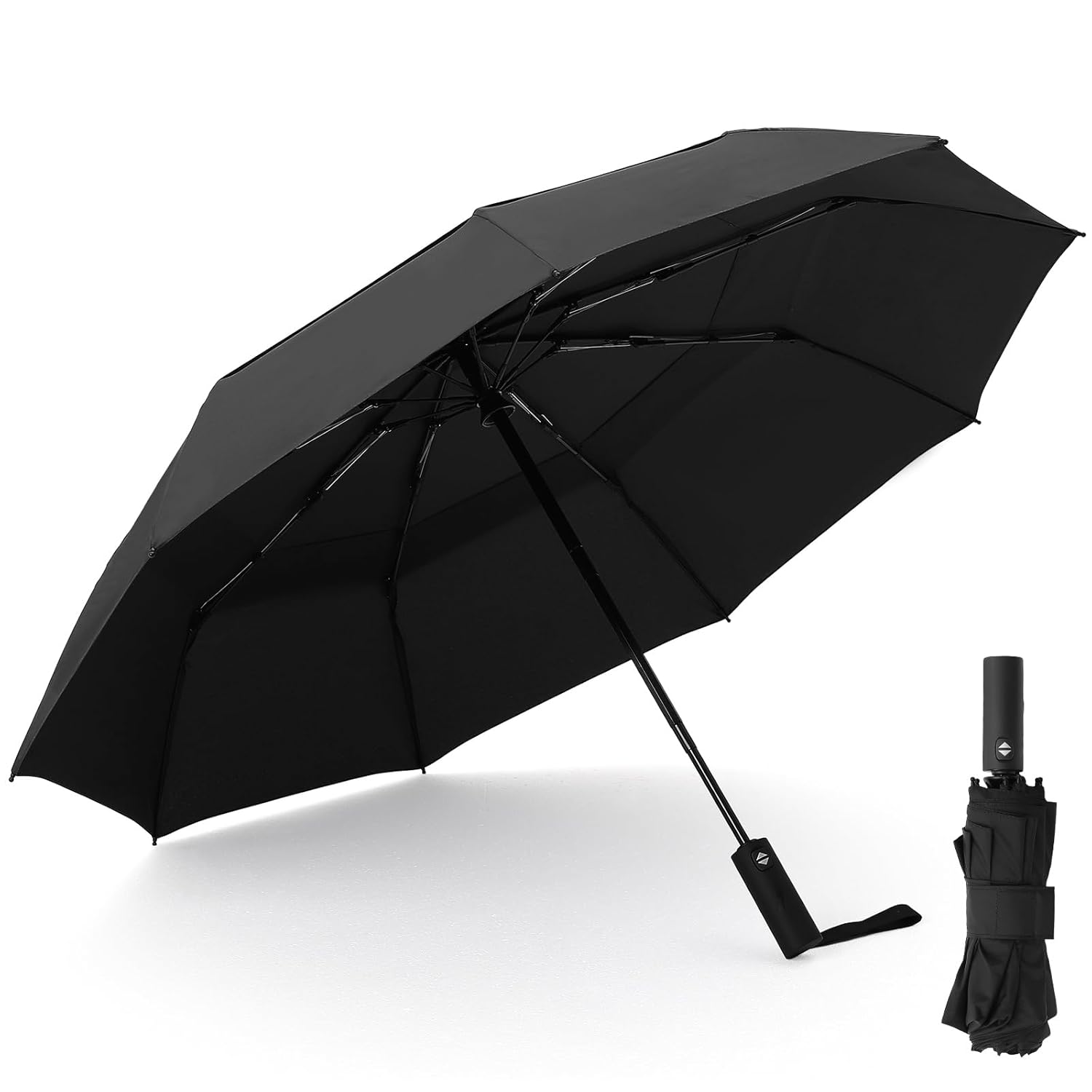 Compact Travel Umbrella fo Rain Windproof Folding Umbrella with 9 Fiberglass Ribs Vented Double Canopy Automatic Open Close