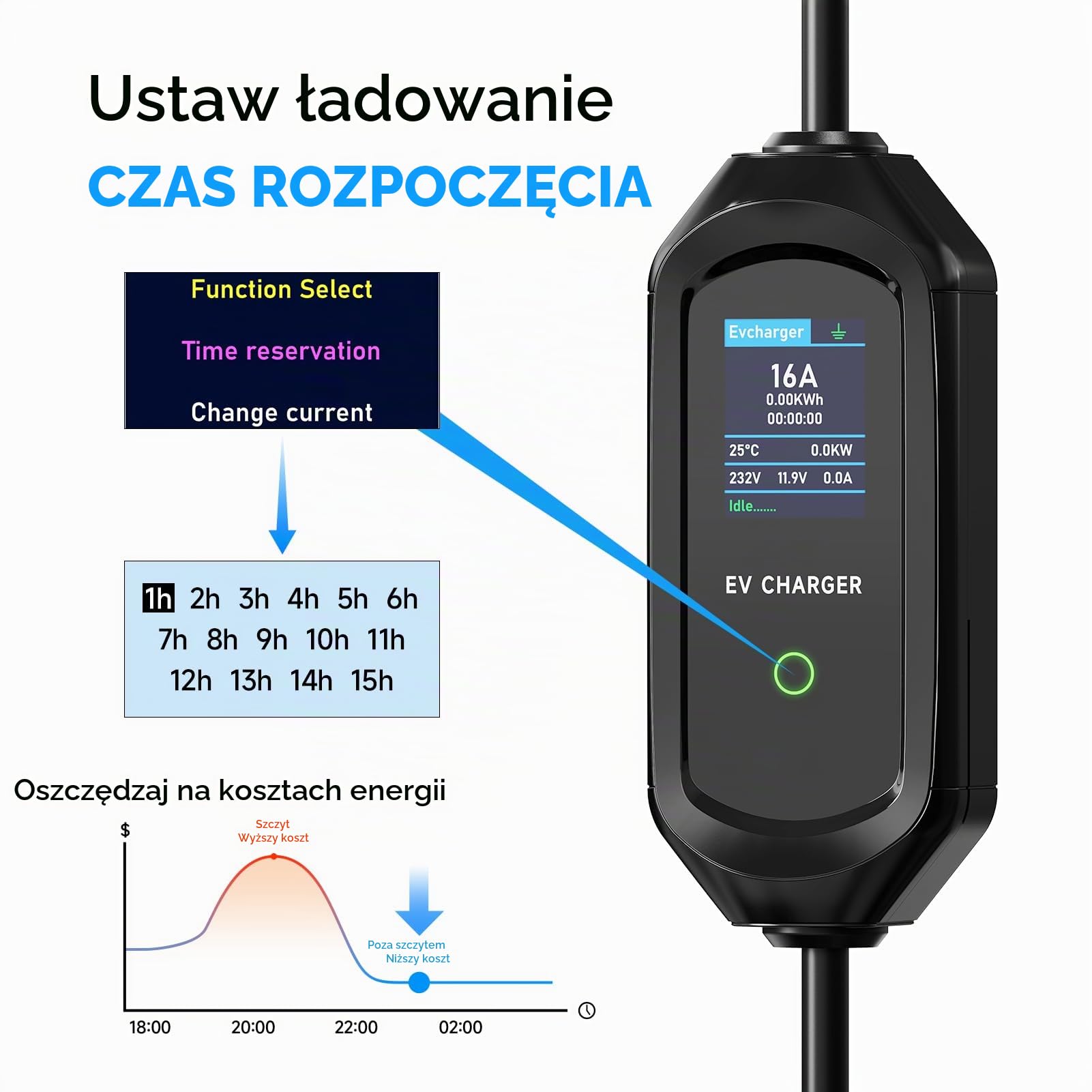 Kabel ładujący typu 2 Schuko 3,68 kW 6 m, 1-fazowy, samochód elektryczny typ 2, Schuko ze sterowanym wyświetlaczem cyfrowym, 6/8/10/13/16 A, regulowany prąd, ładowarka EV do IEC 62196-2