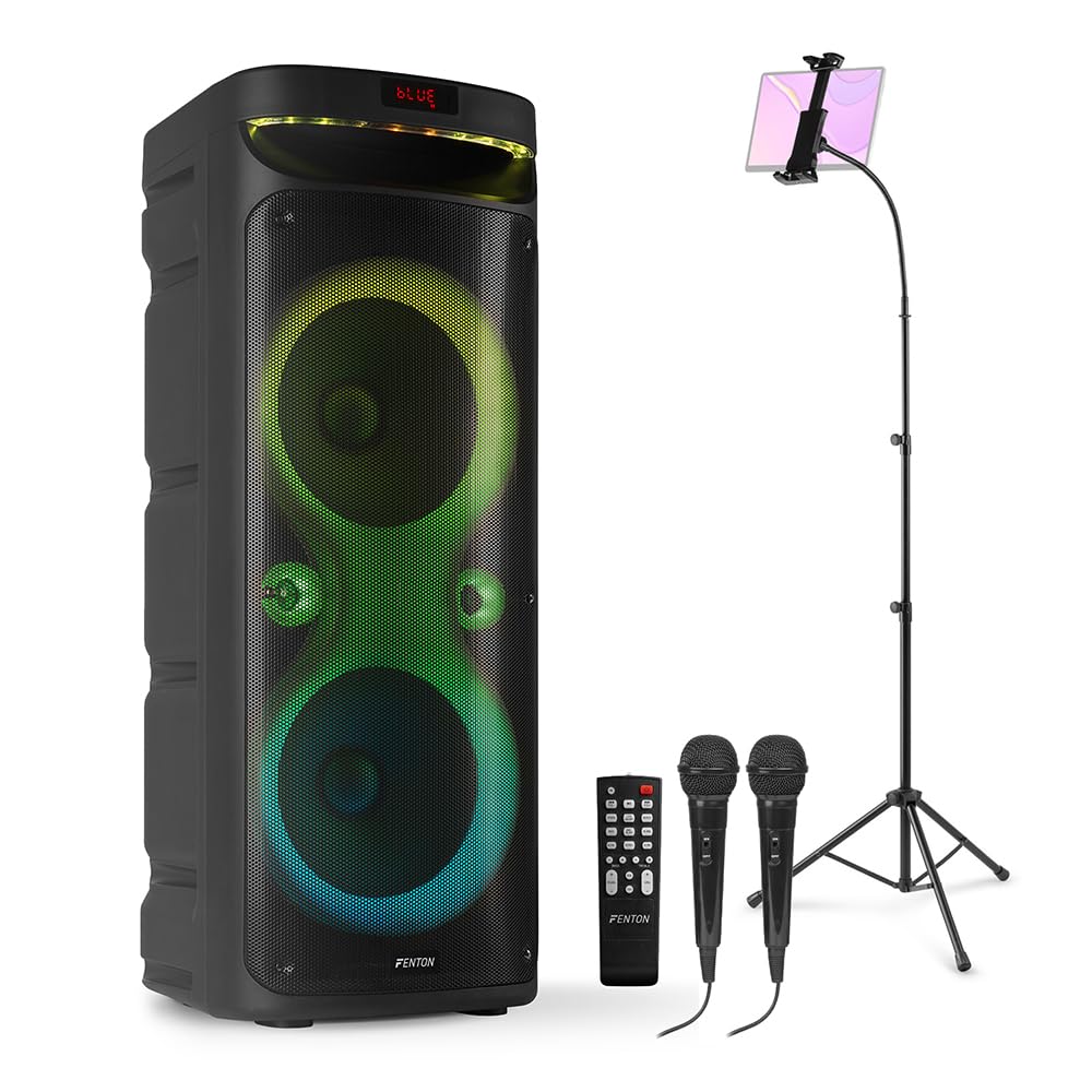 Fenton Track610 Karaoke Machine with Lyric Screen, Bluetooth Speaker, Home System, Tablet Stand, 2 Microphones, Rechargeable Battery, Mic Stand, Adults Karaoke Setup