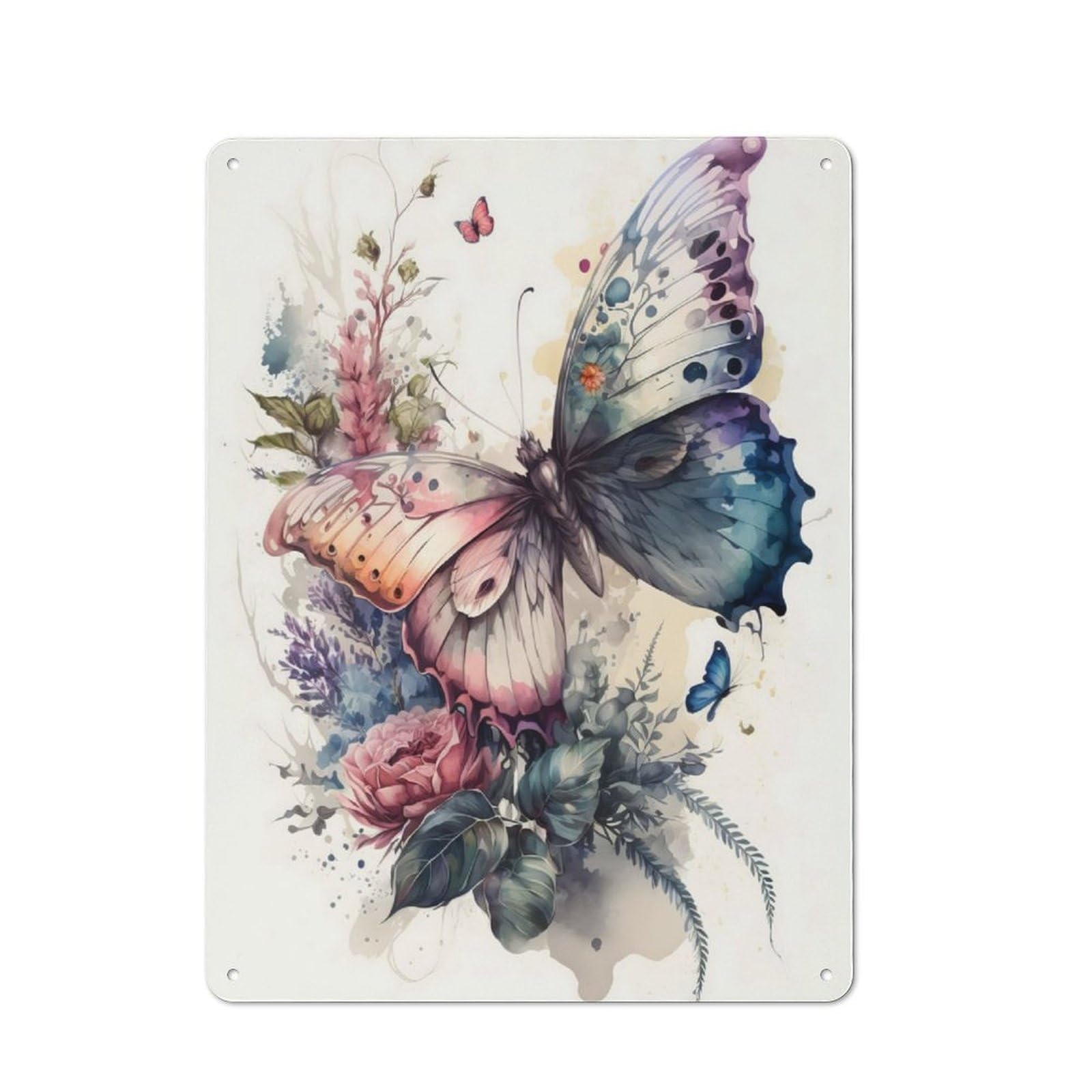 Decorative Metal Plaque with Butterfly Watercolor Design 40x30cm, Casual Utility Space Decor for Patio Bar, Workshop, Shed Or Kitchen