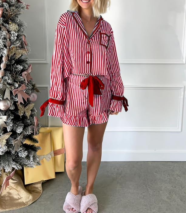 Sastianaen Women Christmas Pajama Sets Bow Tie Long Sleeve Shirt Ruffle Shorts Striped 2 Piece Pjs Sets - Image 2