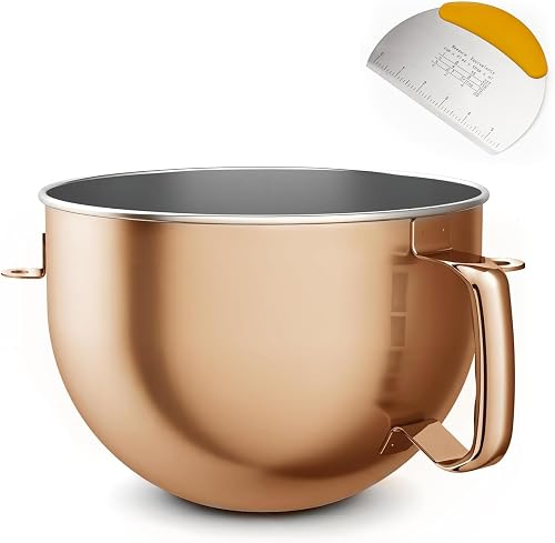 6 Quart Copper Color Stainless Steel Mixing Bowl for KitchenAid Professional Bowl Lift Mixers, Fits KP26, KB26, KV25, Heavy Duty Replacement Bowl with Ergonomic Handle, Dishwasher Safe & Bench Scraper