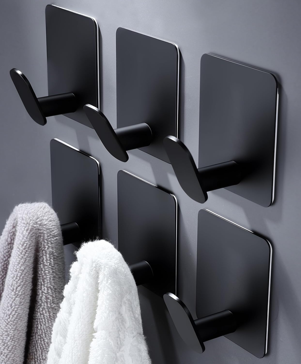 Premium Black Metal Self‑Adhesive Towel Hooks – No Drill Bathroom Wall Hooks for Towels, Robes & Coats | Rustproof, Waterproof, Strong Sticky Mount (6)
