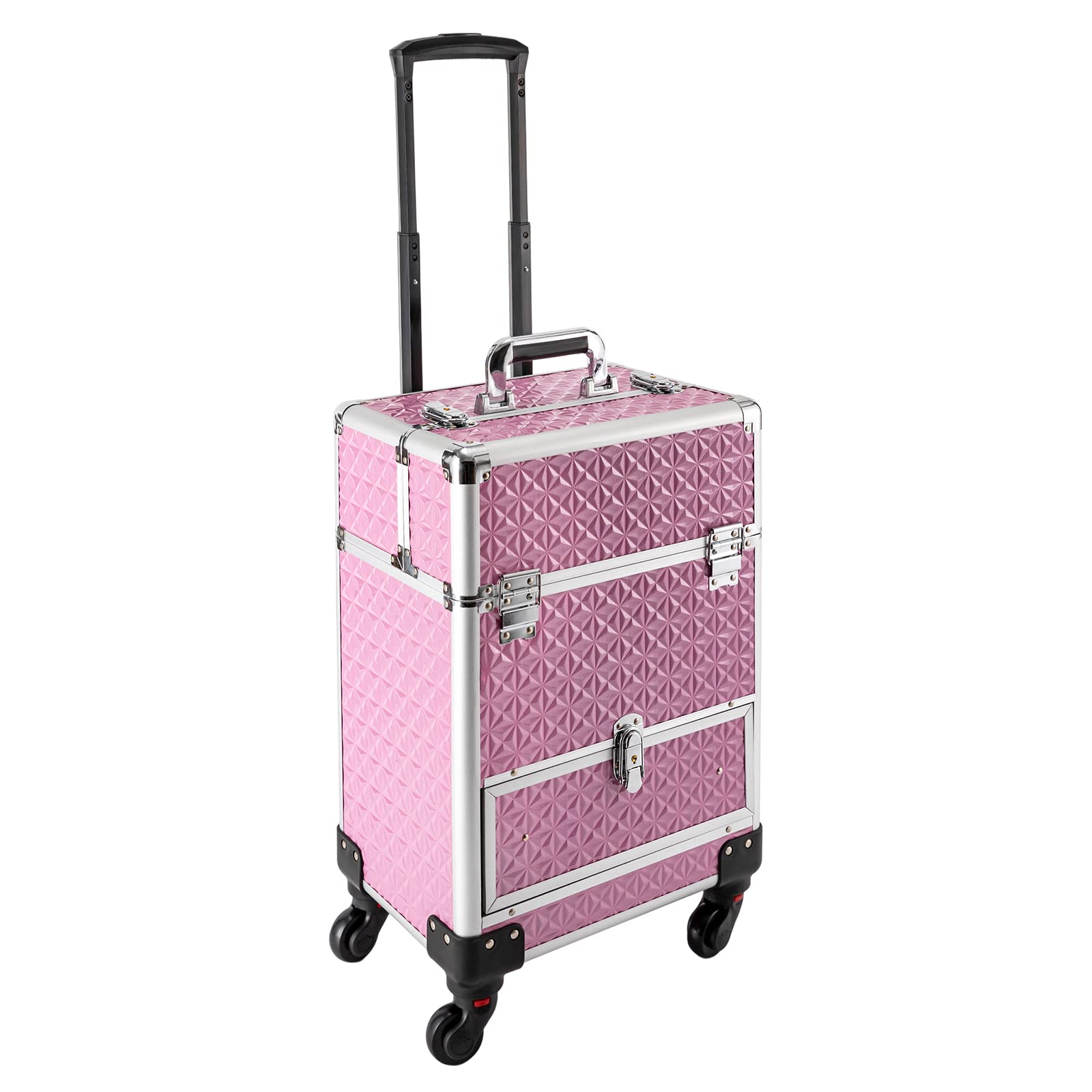 Kosmetikkoffer Trolley, Schminkkoffer mit Schubladen groß Abschließbar Friseurkoffer Reisen Make-up Koffer mit 360° drehbare Rollen 34 x 25 x 47 cm (Rosa)