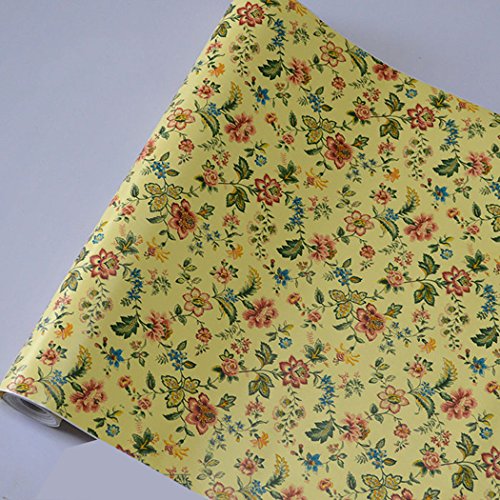 GLOW4U Autocollant vintage en vinyle avec motif floral pour tiroir ou armoire Jaune 45 cm x 2 m