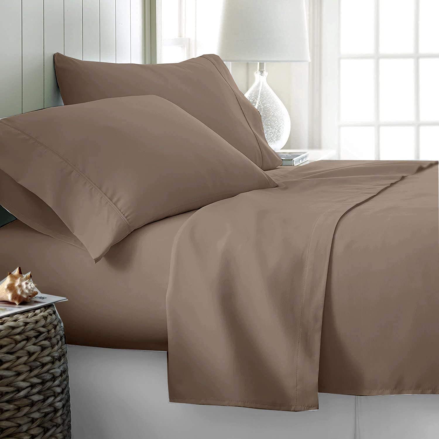 4 Piece Bed Sheet Set-1 Flat Sheet,1 Fitted Sheet and 2 Pillow Cases,100% Super Soft 800 TC Egyptian Cotton Upto 16" Deep Pockets(Twin-XL,Taupe)-image-1