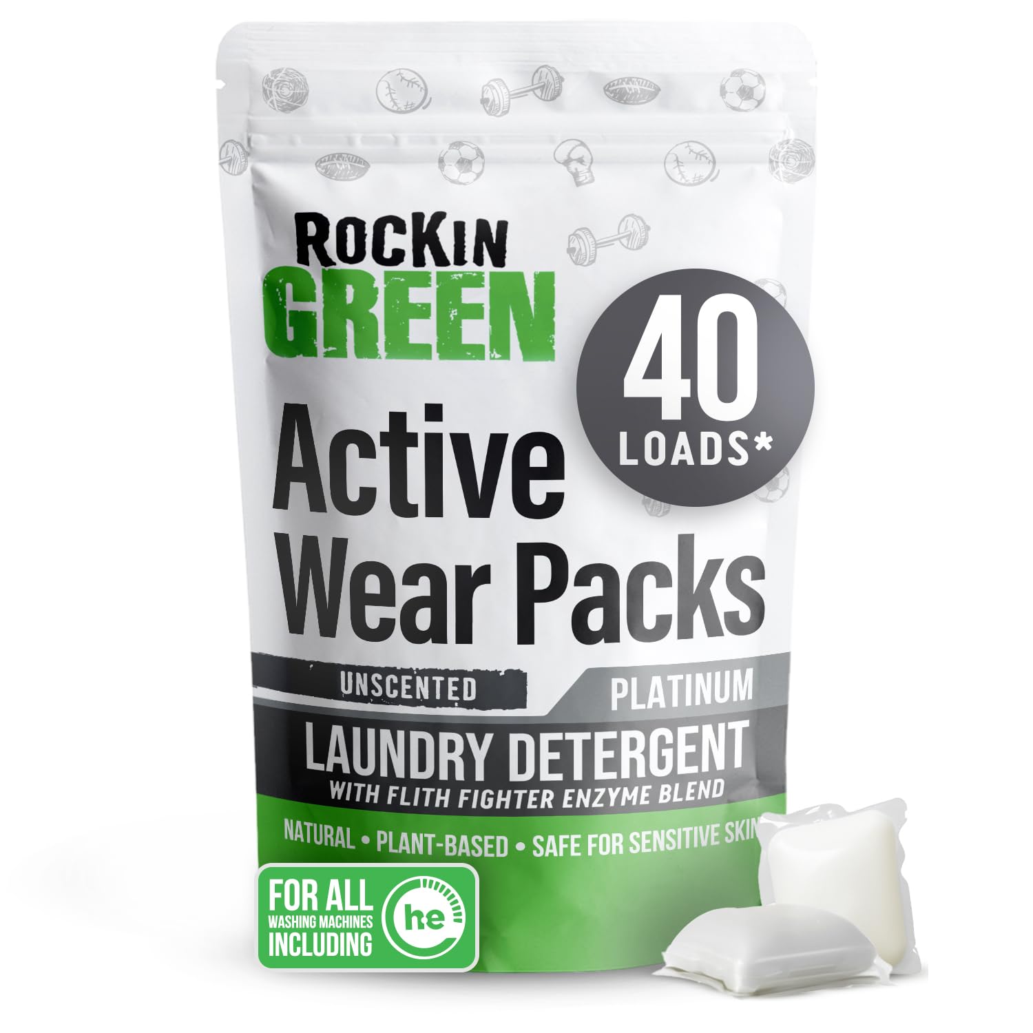Rockin' GreenLaundry Detergent Pods, Plant-based, All Natural, Vegan & Biodegradable Odor Fighter, Safe for Sensitive Skin (Unscented, Active Wear 40 Pods)