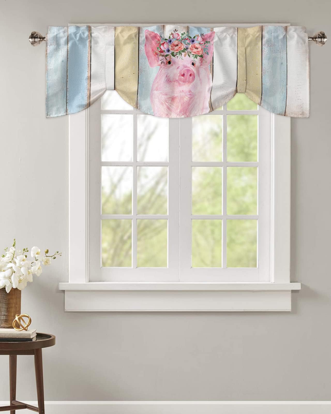 Farm Animal Tie Up Valance for Kitchen Windows, Watercolor Pink Pig Flowers Tie-up Curtain Shade Valances 42"x12" 1 Panel Rod Pocket Short Curtains Window Treatment for Living Room Retro Wood Plank