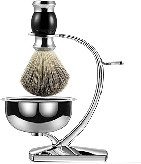 GRUTTI Men Shaving Kit, Shaving Stand with Bowl, Deluxe Chrome Safety Razor Holder with Badger Shaving Brush Compatible with Manual Razor, Gillette Fusion Razor Wet Shaving Brush Kit Gift for Father's Day