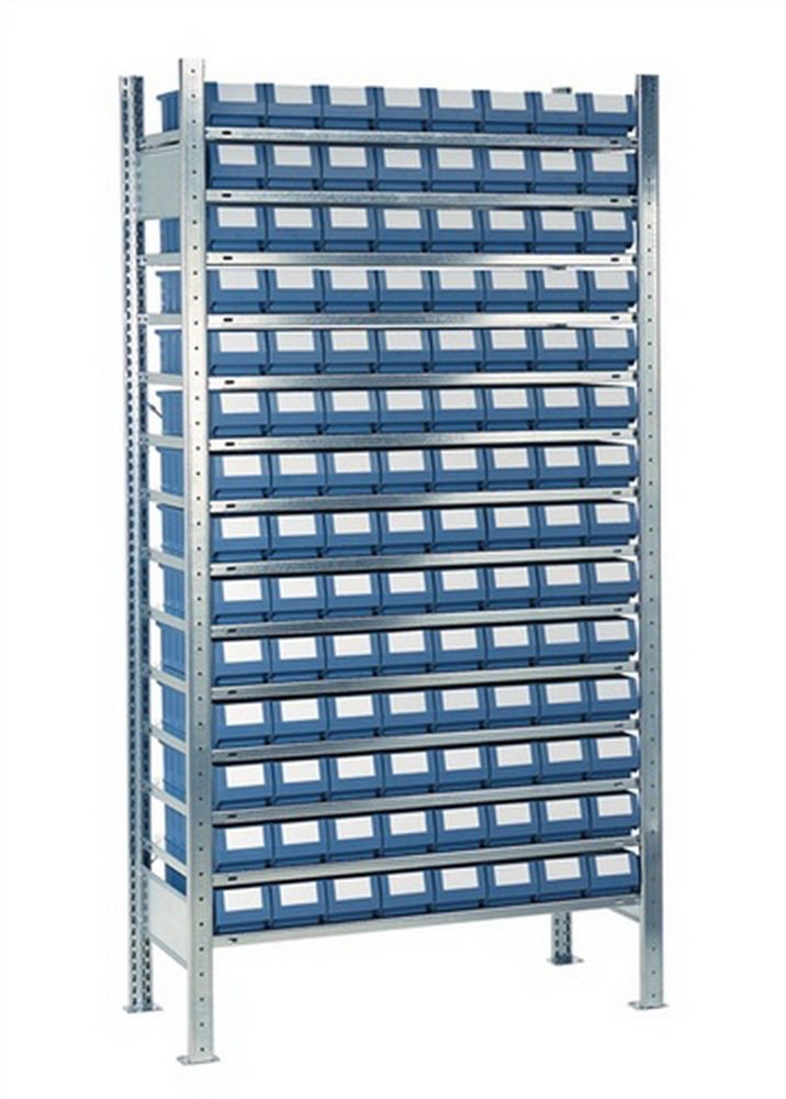 Steck-Grundregal H2000xB1000xT500mm 14 Böden 112 Kästen Gr. 7 blau