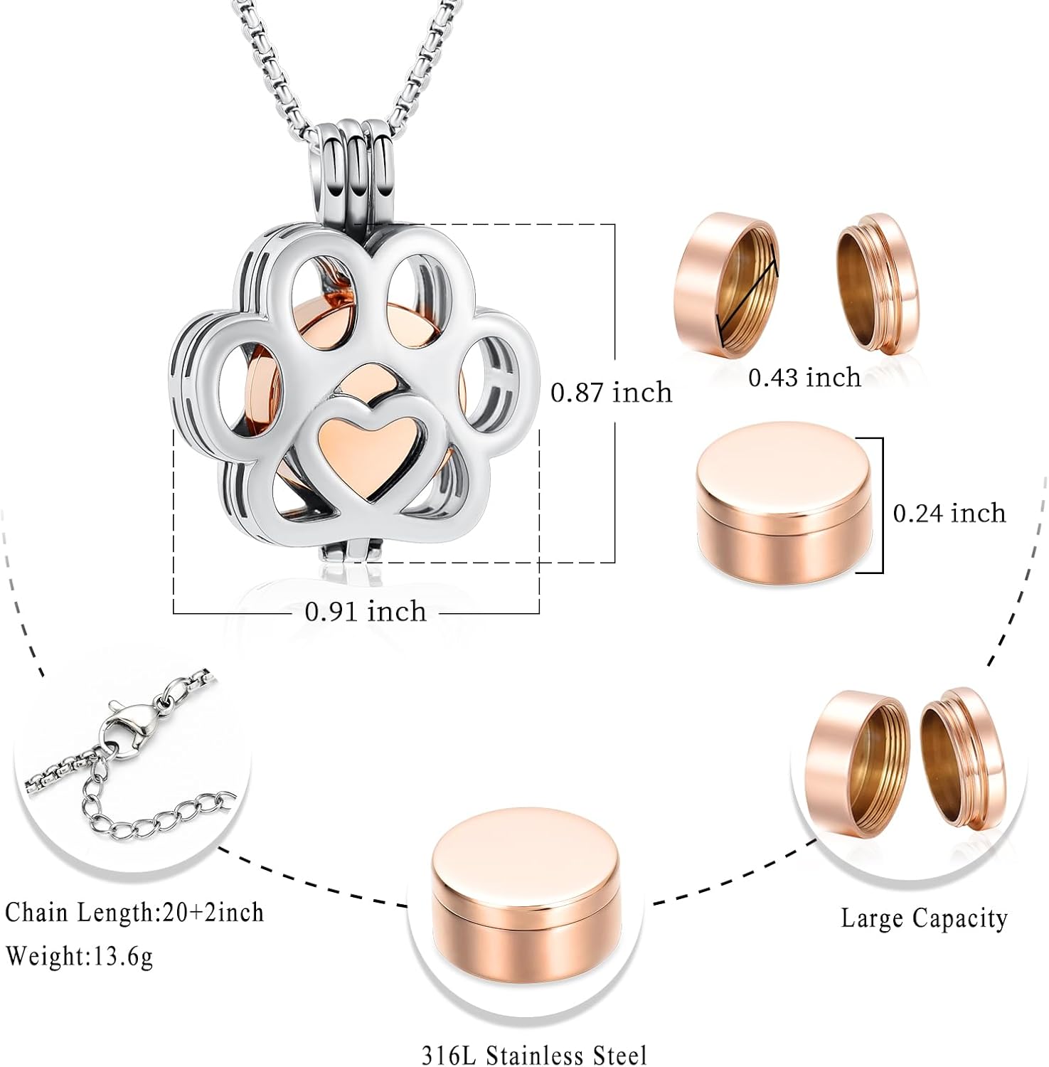 Oinsi Pet Cremation Jewelry For Ashes For Dog/Cat Paw Stainless Steel Memorial Locket Urn Necklace Inside Mini Case Keepsake Cremation Jewelry Women Men - Image 2