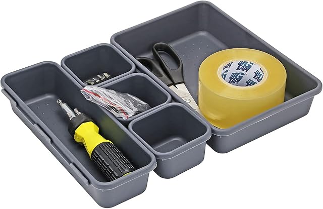 Taylor & Brown 8pc Grey Interlocking Drawer Organiser Plastic Storage Separator Tray Boxes Cutlery Compartment Kitchen Bedroom Bathroom Desk Office De-Clutter Tidy
