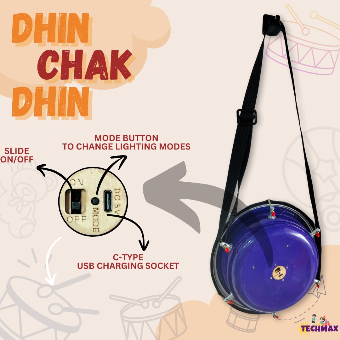 Lighting Dholak Tasha - Sensor Based - Rechargeable (Blue - Single Side - 9INCH) 2