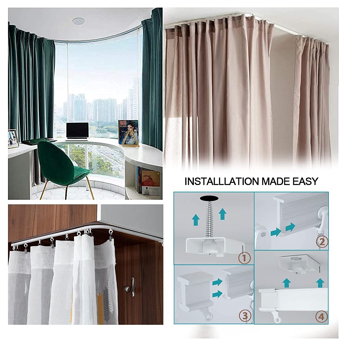 Rail de rideau de plafond flexible et pliable - 5 mètres - Rail de plafond pour rideaux - Rail de rideau droit et incurvé
