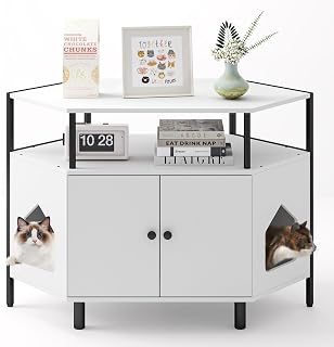 Giantex Corner Cat Litter Box Enclosure - Cat Washroom Hidden Furniture with Dual Front Entries, 2-Door Cabinet, Storage Shelves, Metal Frame, Wooden Pet House Crate (White)