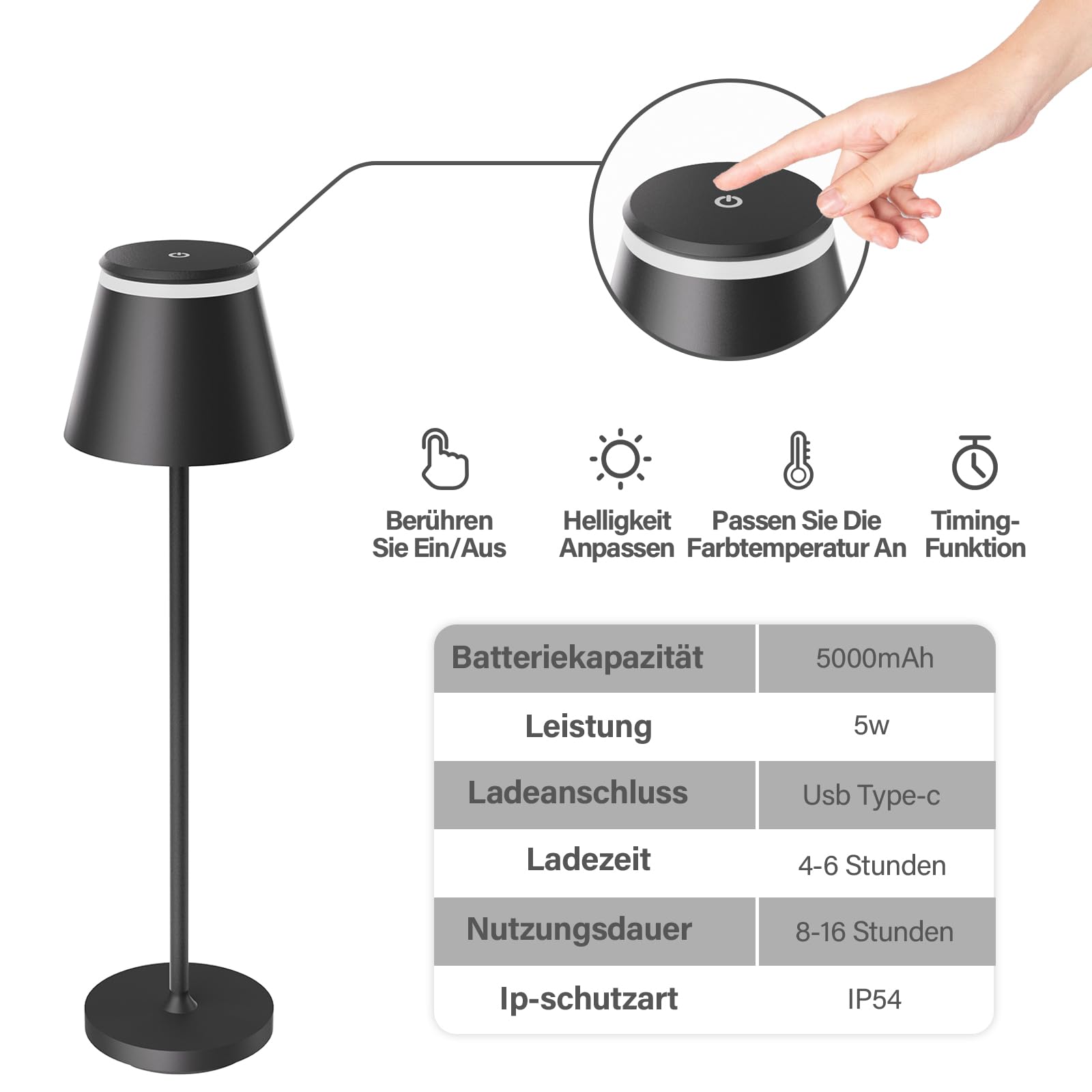 Neoglint Wiederaufladbare kabellose LED-Tischlampe, Nachttischlampe mit kabelloser Ladestation und Fernbedienung, Touch-Schreibtischlampe im modernen Design mit Timer – Schwarz