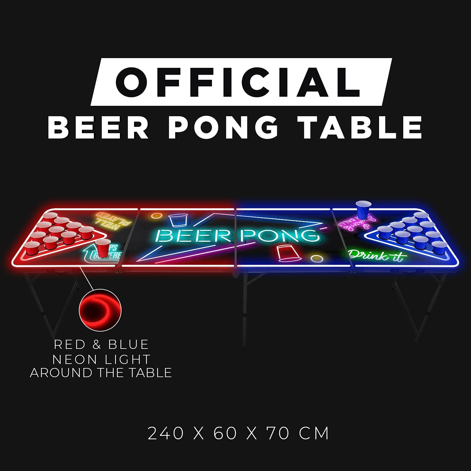 Beer Pong Juego Spotlightholes con Luces LED y Porta Vasos | 1 Mesa 120 Tazas (60 Azules y 60 Rojas) + 6 Bolas | OriginalCup®
