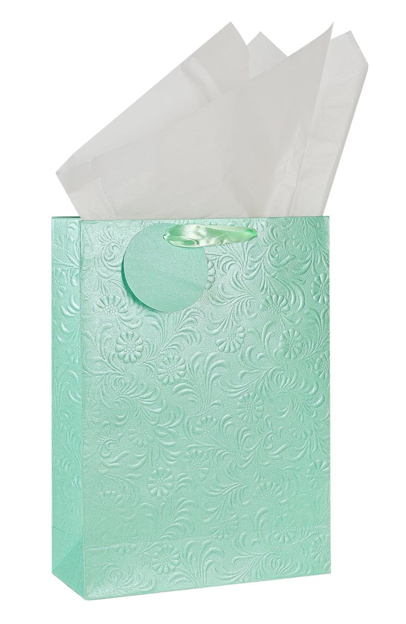 Kidsy Winsy Pack Of 5 Pastel Mint Gift Bags (Medium,8.65 * 3 * 12 Inches) With Tissue & Thank You Card - Paper Gift Bag | Return Gift Bags For Pooja, Baby Shower, Festive Gifting, Birthday, Wedding