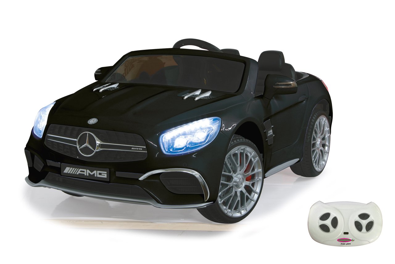 Jamara 460295 – Mercedes SL65 czarny 12 V – miękki start, 2-biegowy, gumowy pasek o ultra chwycie, amortyzator, port AUX i USB, LED, 2 mocne silniki napędowe i akumulator zapewniający długi czas jazdy