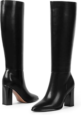 Easyfox Knee High Boots for Women Pointed Toe Chunky Heel Tall Boots