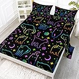 Axolotl Black Cat Bedding Cartoon Cat Sheet Set Twin,Moon Stars Printed Kids Bedding for Girls Boys Room Decor,Kids Sheets Set,1 Fitted Sheet 1 Flat Sheet 2 Pillowcases,Neon Color Purple Blue Green
