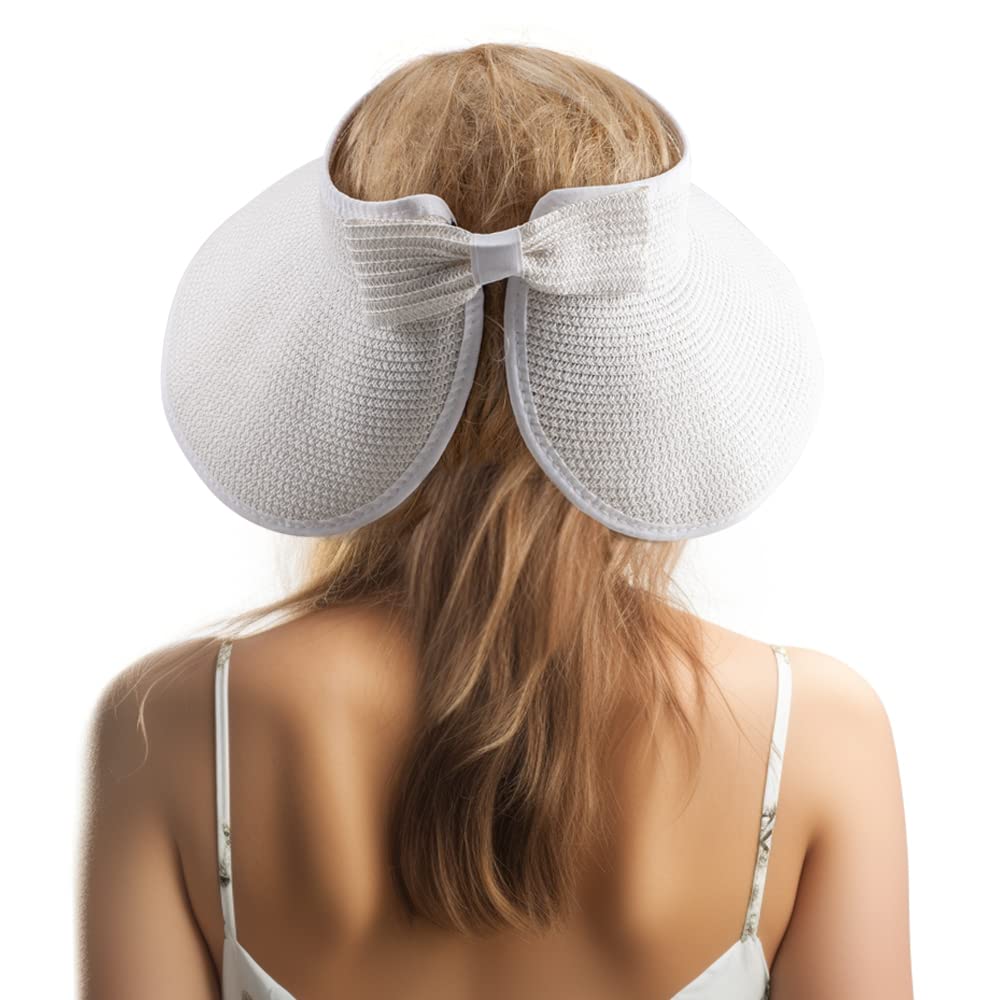 Viseras solares plegables para mujer, sombrero de paja de ala ancha para verano, playa, sombrero de paja enrollable, A01 Blanco, para 22-23.2(7, 7 1/8, 7 1/4) 2