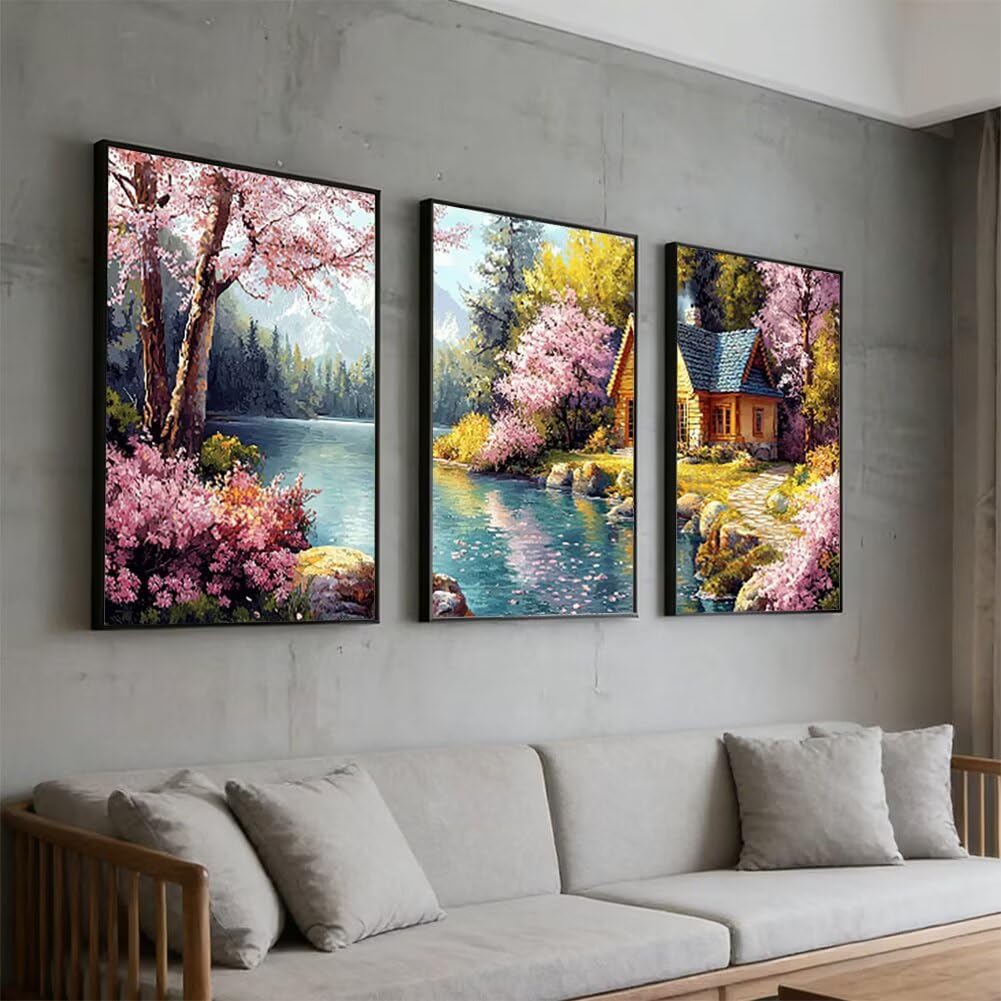 Wandbilder Frühling 60x80cm, 3Pcs Leinwand Bilder Groß Wanddeko Wohnzimmer, Blume Leinwand Bilder mit Rahmen, Moderne Wandbilder Wohnzimmer Poster Set mit Haken, Wand Deko Schlafzimmer Poster, -1902