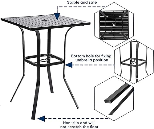 Miniatura 6 de Mesa de bar de patio, mesa de bar para exteriores con agujero para paraguas, marco de metal y diseño de listones (negro)