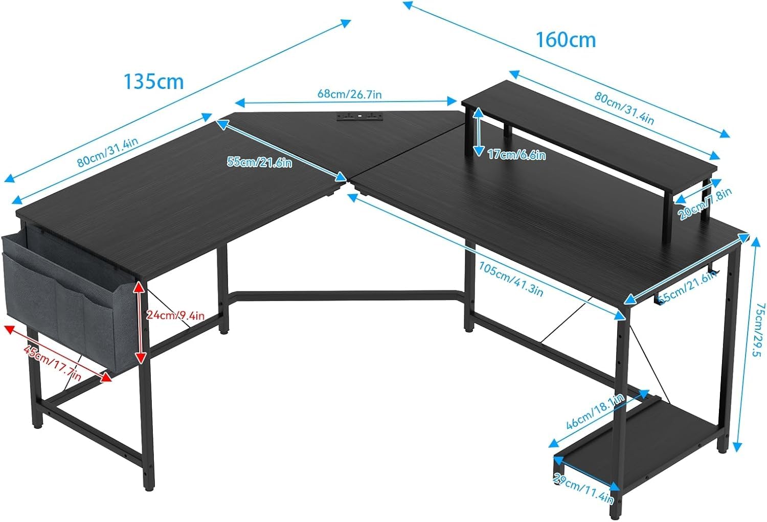 Bureau Gaming Angle, Bureau d'angle Gaming avec 2 Prises Electriques et 2 Ports USB, 135 * 160 * 75 cm Table Gaming d'Ordinateur avec Support d'écran Bureau Noir