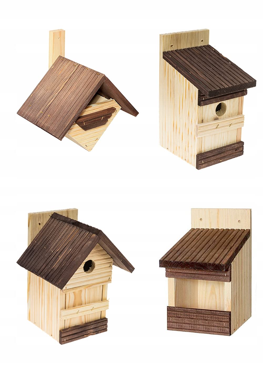 MAZUR 4X Vogelfutterhaus aus Holz Mix | Nistkasten | Vogelfutterspender | Vogelfutterstation | Vogelhaus | Vogelhäuschen | Wetterfest | Kleinvögel, Gartenvögel, Singvögel, Wildvögel