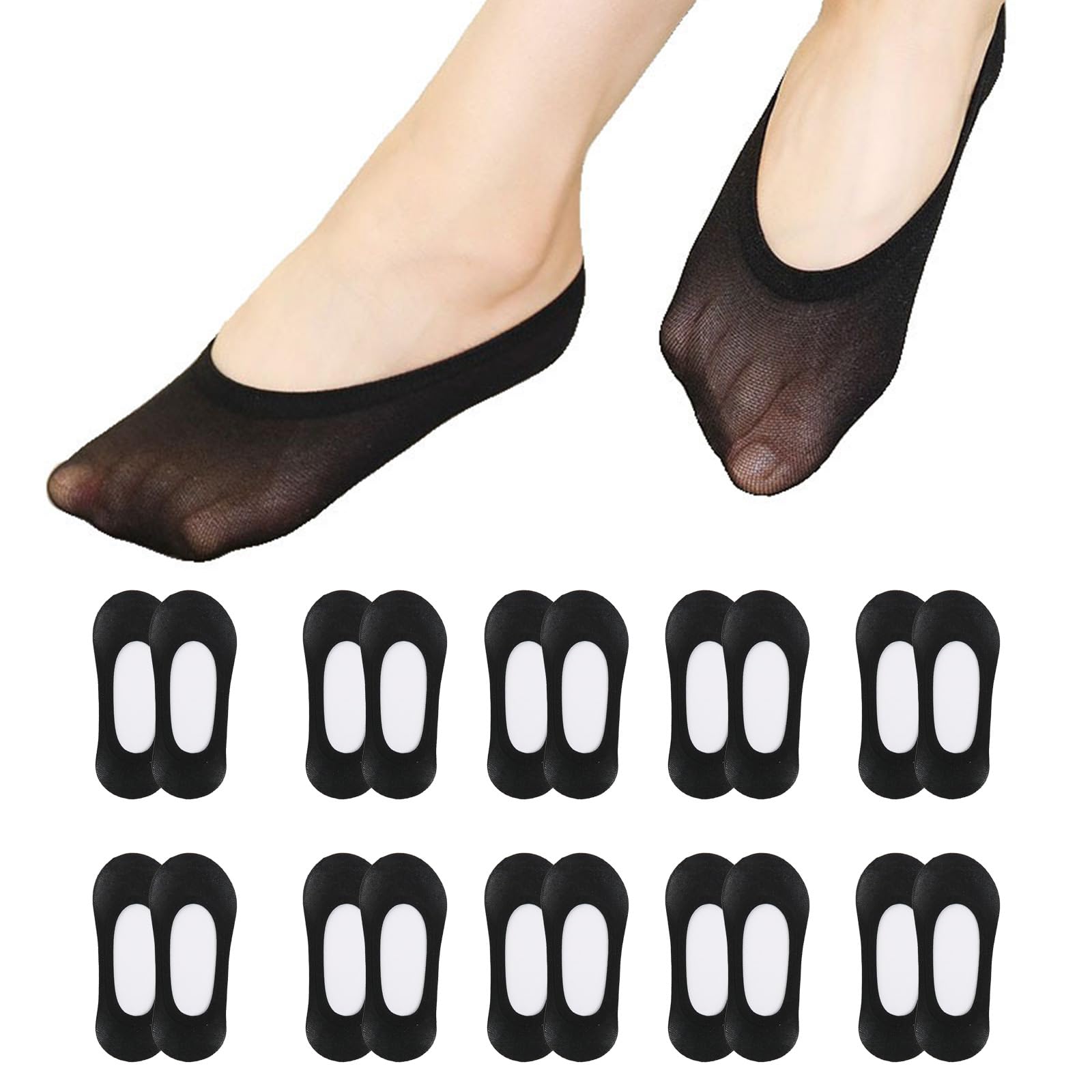 Tnsoyca Women's Black No Show Socks For 10 Pairs Non Slip Invisible Boat Socks Pop Sock, Thin Low Cut Non Slip Boat Sock For Loafer Flats Shoes