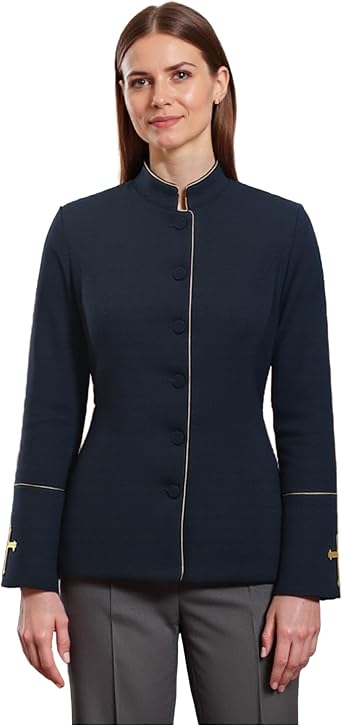 FAD-4U Women Long Sleeves Clergy Coat with Stand Up Collar Button Down Pastor Clergy Dresses