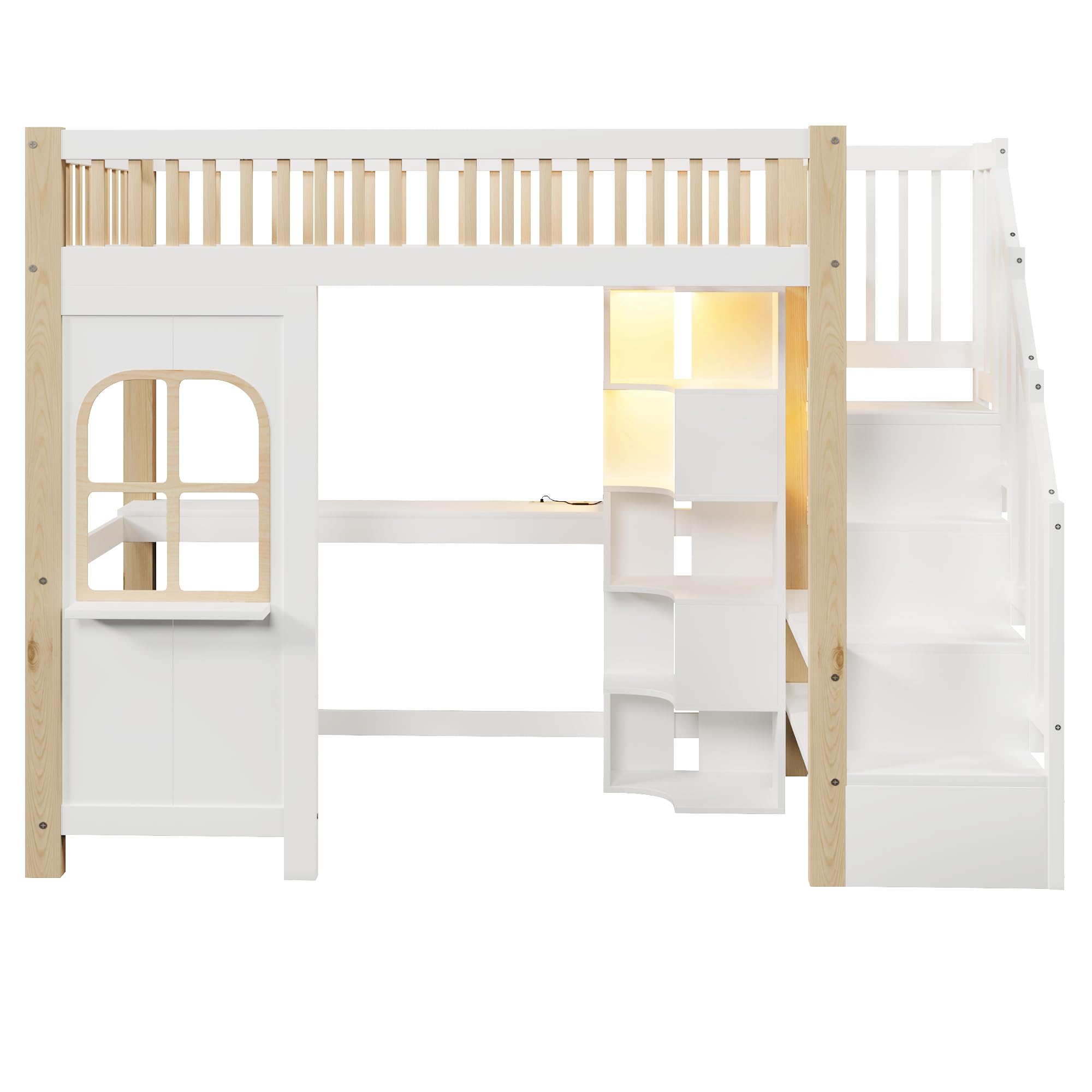 Letto a soppalco, 90 x 200 cm, con luci a LED, a forma di finestra, vano portaoggetti, scrivania, presa elettrica, senza materasso, bianco e naturale