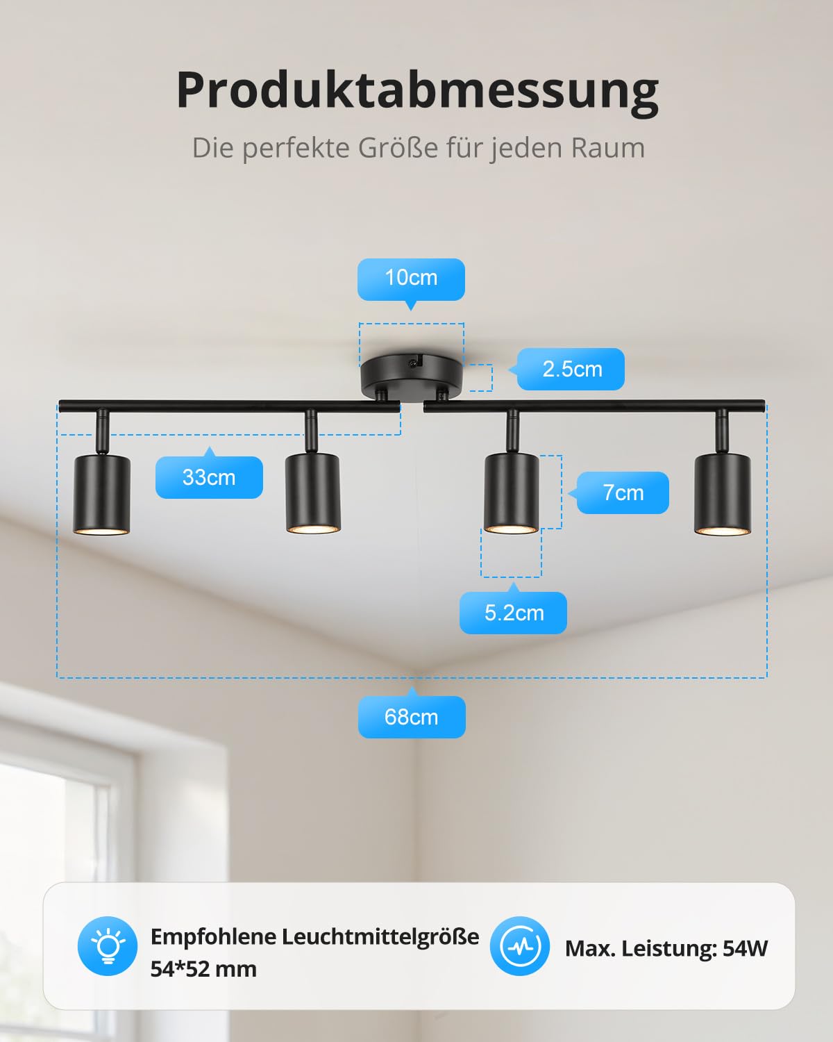Gr4tec Deckenstrahler Schwarz 4 Flammig, Modern Deckenleuchte Strahler Schwenkbar, Metall Deckenlampe Spots GU10, Küchenlampe Deckenspot für Flur Büro Schlafzimmer (Ohne Leuchtmittel)