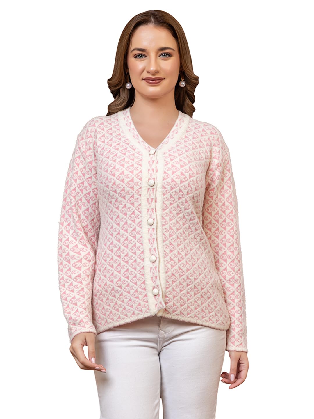 dadu dayal Women's Elegant V-Neck Button-Up Cardigan Sweater | Cozy Jacquard Diamond Pattern Knitwear | Long Sleeve Relaxed Fit Outerwear for Casual & Formal Occasions-picture-19