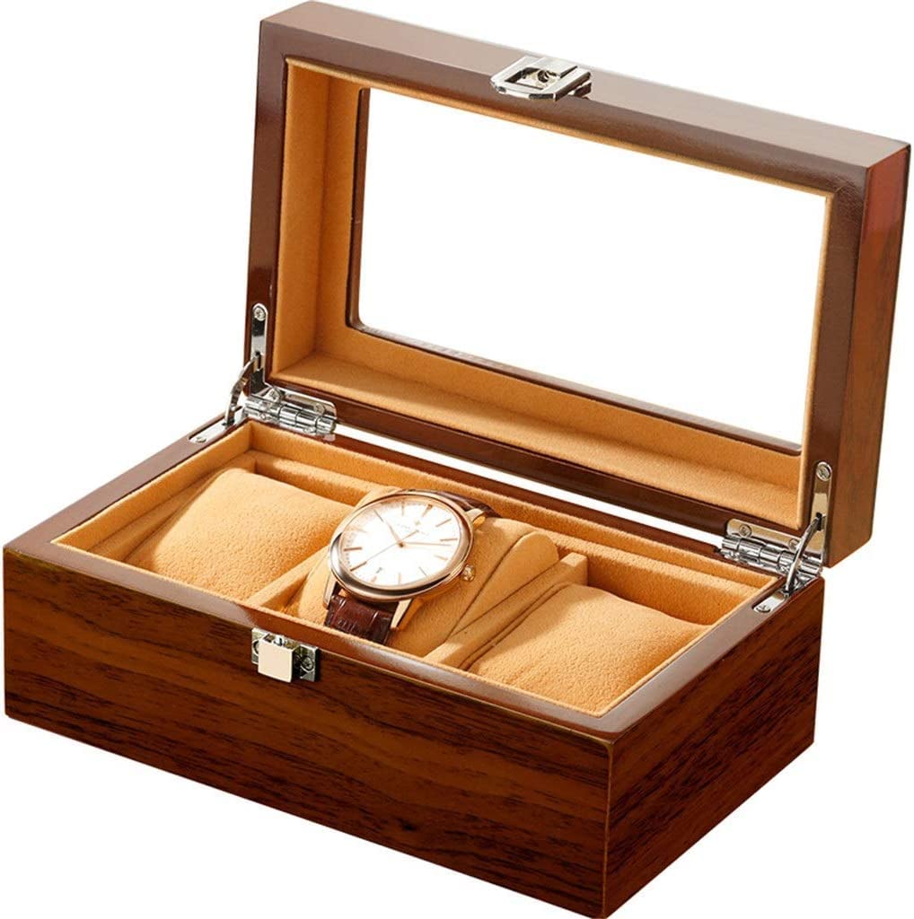 TIANQIHAO Rectangle Wooden Watch Box Storage 3-Bit Watches Organizer Display Box Package Case Glass Cabinet Wood Casket For Watches,Green Brown