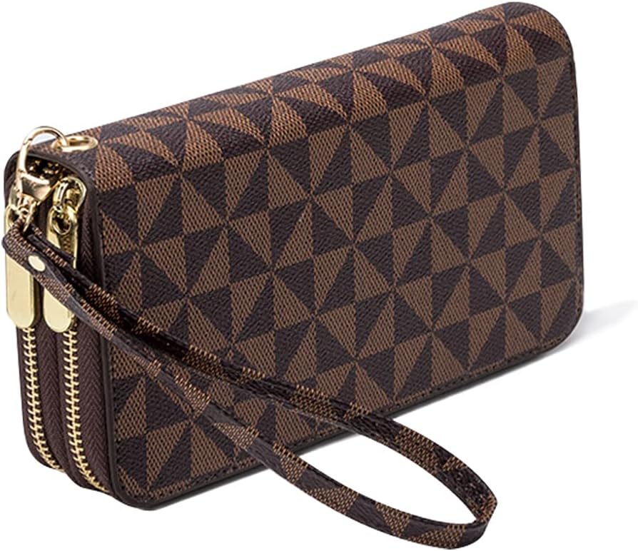 Women's Wallet Double Zipper Pocket Wallets with Wrist Strap, Leather Credit Card Purse for Women Men (Brown)