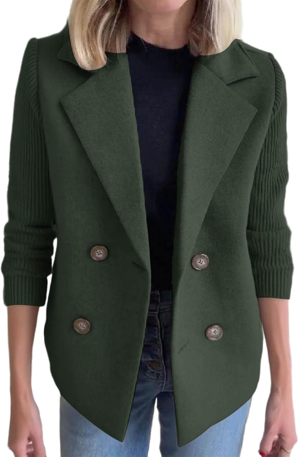 Women's Knitted Patchwork Long Sleeve Notched Lapel Button Casual Cropped Coat Dressy Double Breasted Blazer Jackets