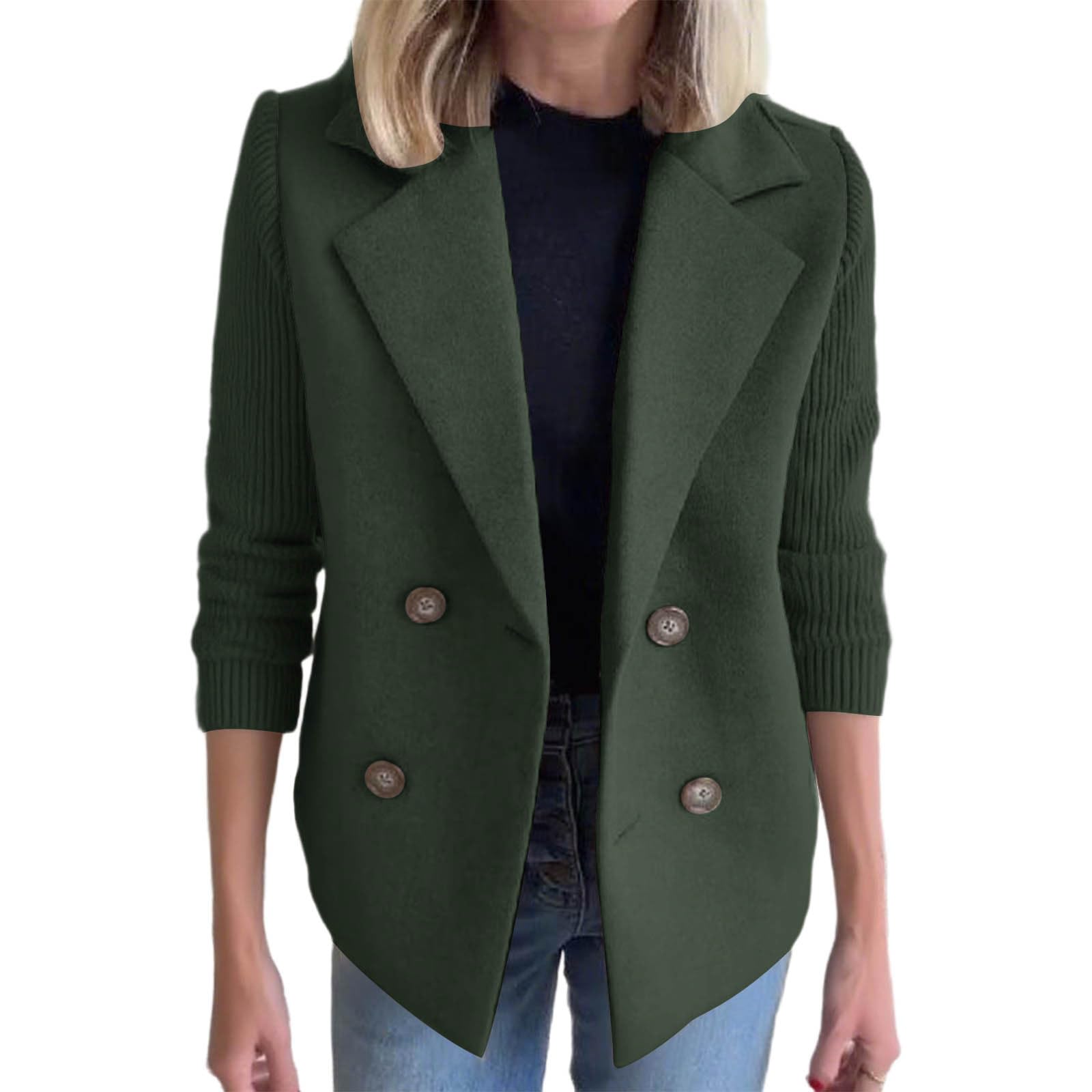 Womens Woolen Blend Stand Collar Open Front Cardigan Coat Mid Long Work Office Blazer Jacket Outwear with Pockets