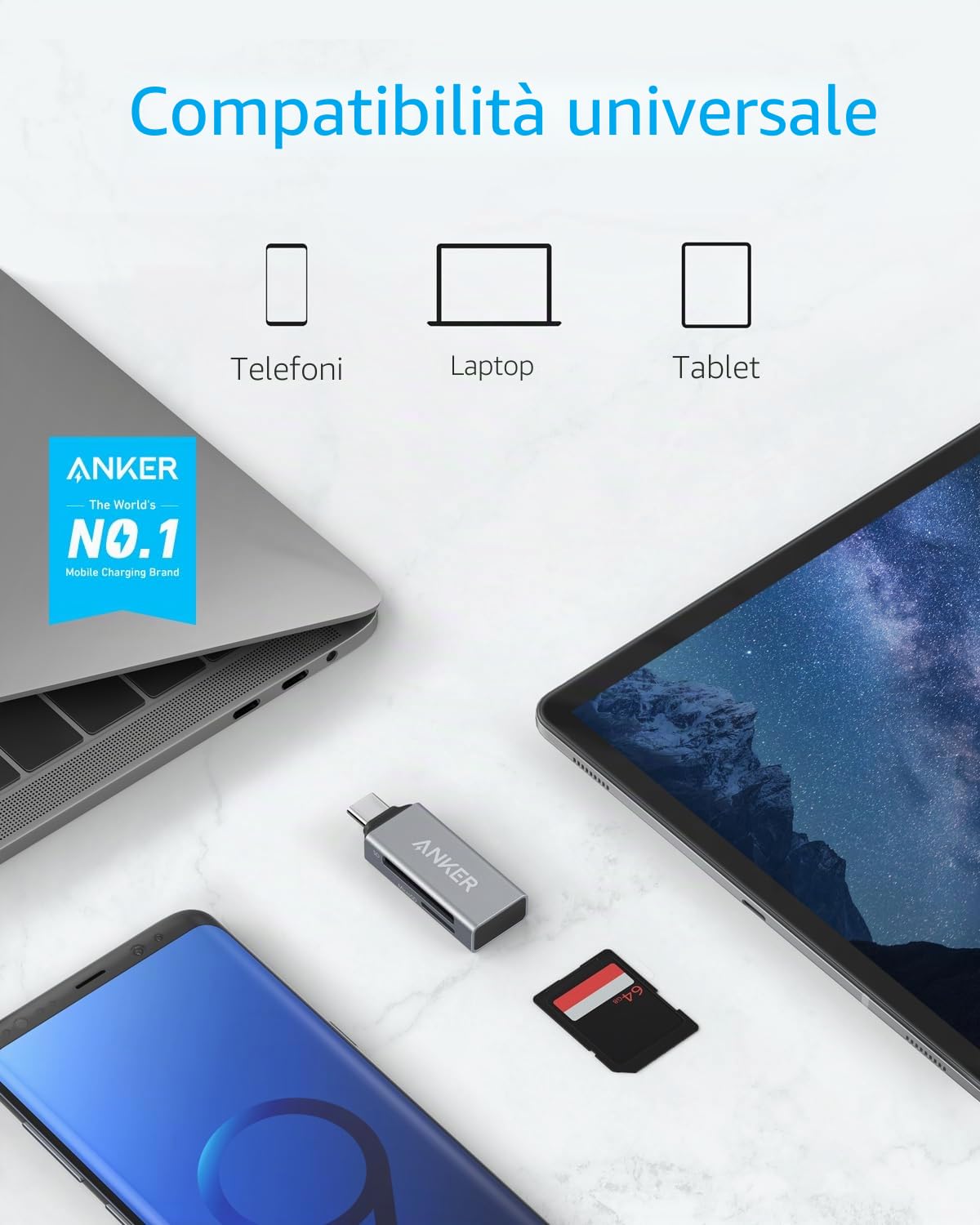 Anker Lettore di Schede di Memoria USB C 2 in 1, per Schede SDXC, SDHC, SD, MMC, RS-MMC, Micro SDXC, Micro SD, Micro SDHC e UHS-I(Grigio)