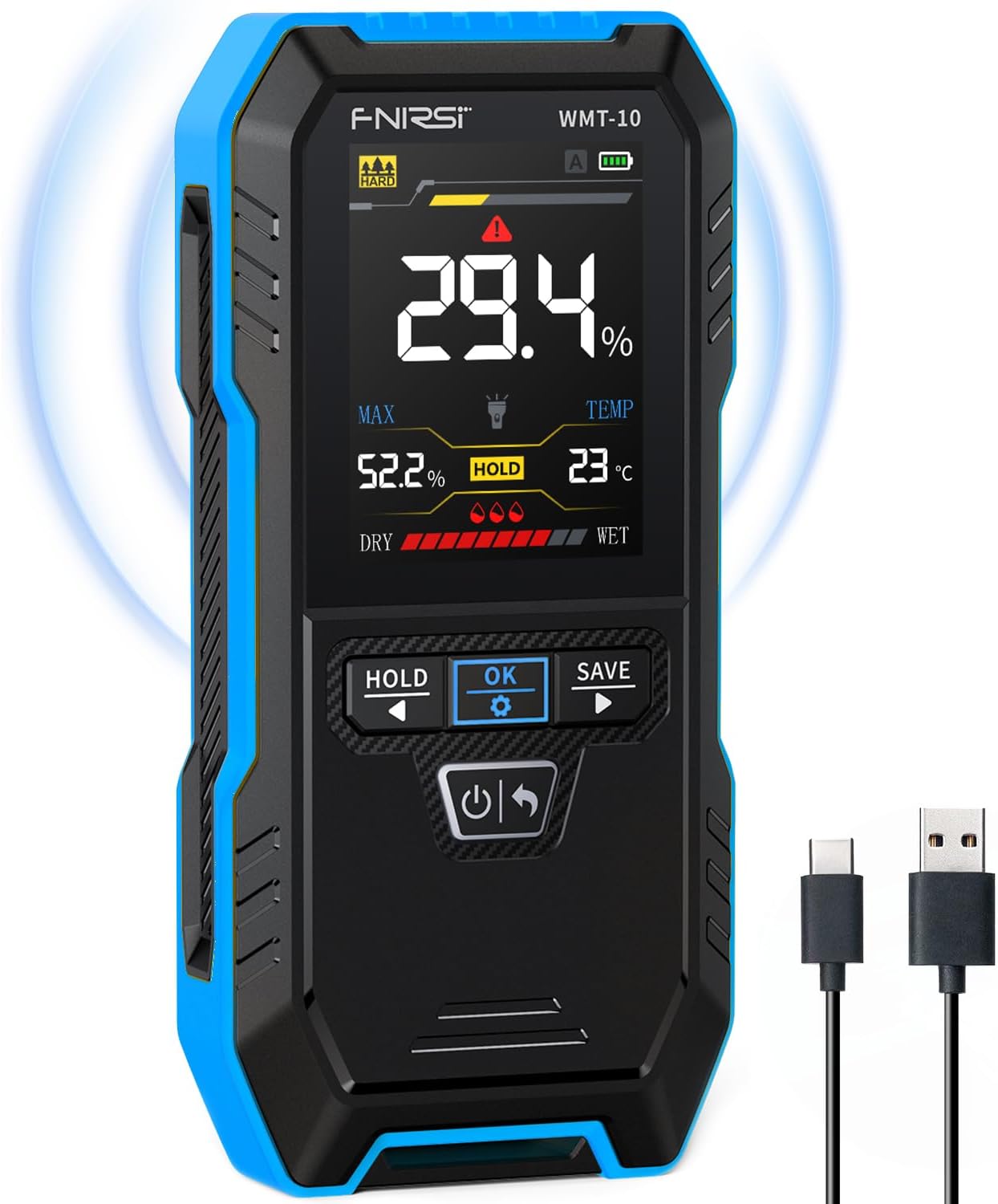 FNIRSI WMT-10 Pinless Wood Moisture Meter, Rechargable Moisture Meter for Wood, Wall, Firewood, Support Data Hold and Record, Flashlight, Humidity Detector for Lumber Concrete Building