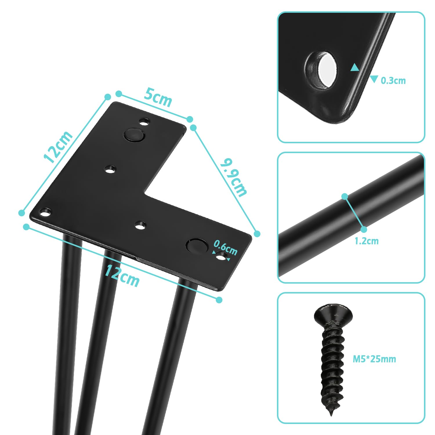 Hairpin Legs - Gambe da tavolo in metallo, colore nero, 12 mm, gamba a 2 aste, 61 cm, 4 pezzi
