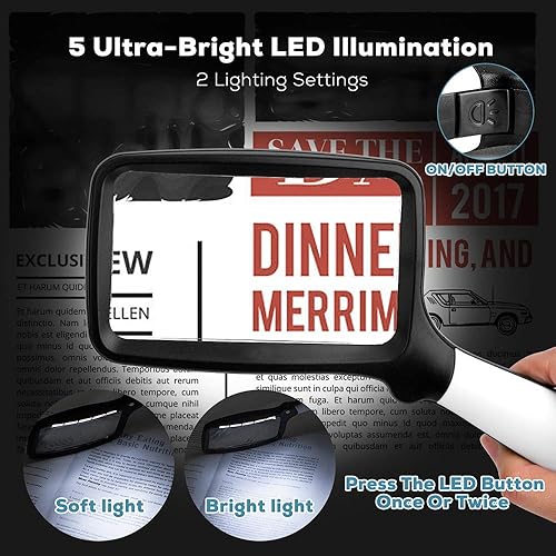 Miniatura 3 de Lupa plegable de mano con luz, lupa de lectura rectangular grande 3X con LED regulable para personas mayores con degeneración macular, periódico,