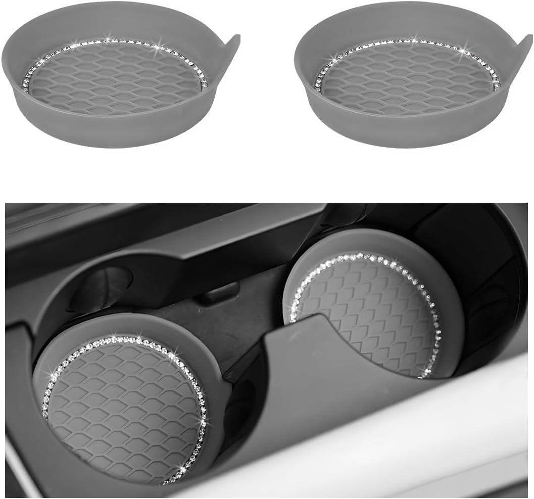 2 PCS Bling Car Cup Coaster, Crystal Rhinestone Cup Holder Insert for Car Interior Decoration, Non Slip Shockproof Silicon Sparkly Drink Met Universal for Most Vehicles (Pink)
