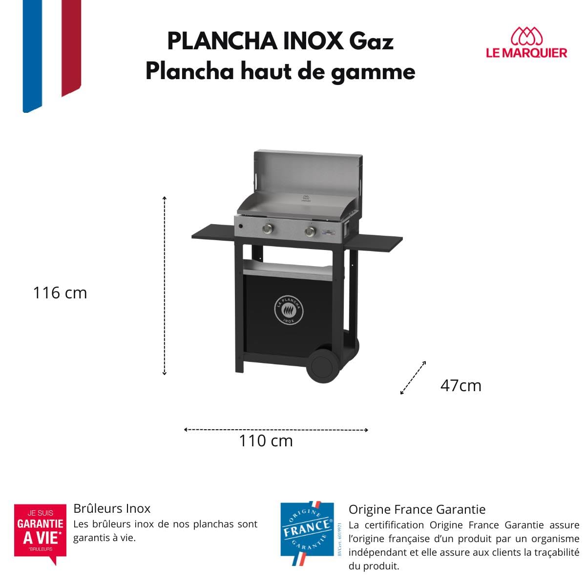 LE MARQUIER La Plancha INOX Duo Edition : Plancha 260 Gaz + Chariot Noir + Couvercle INOX+ Porte Épices Et Rideau