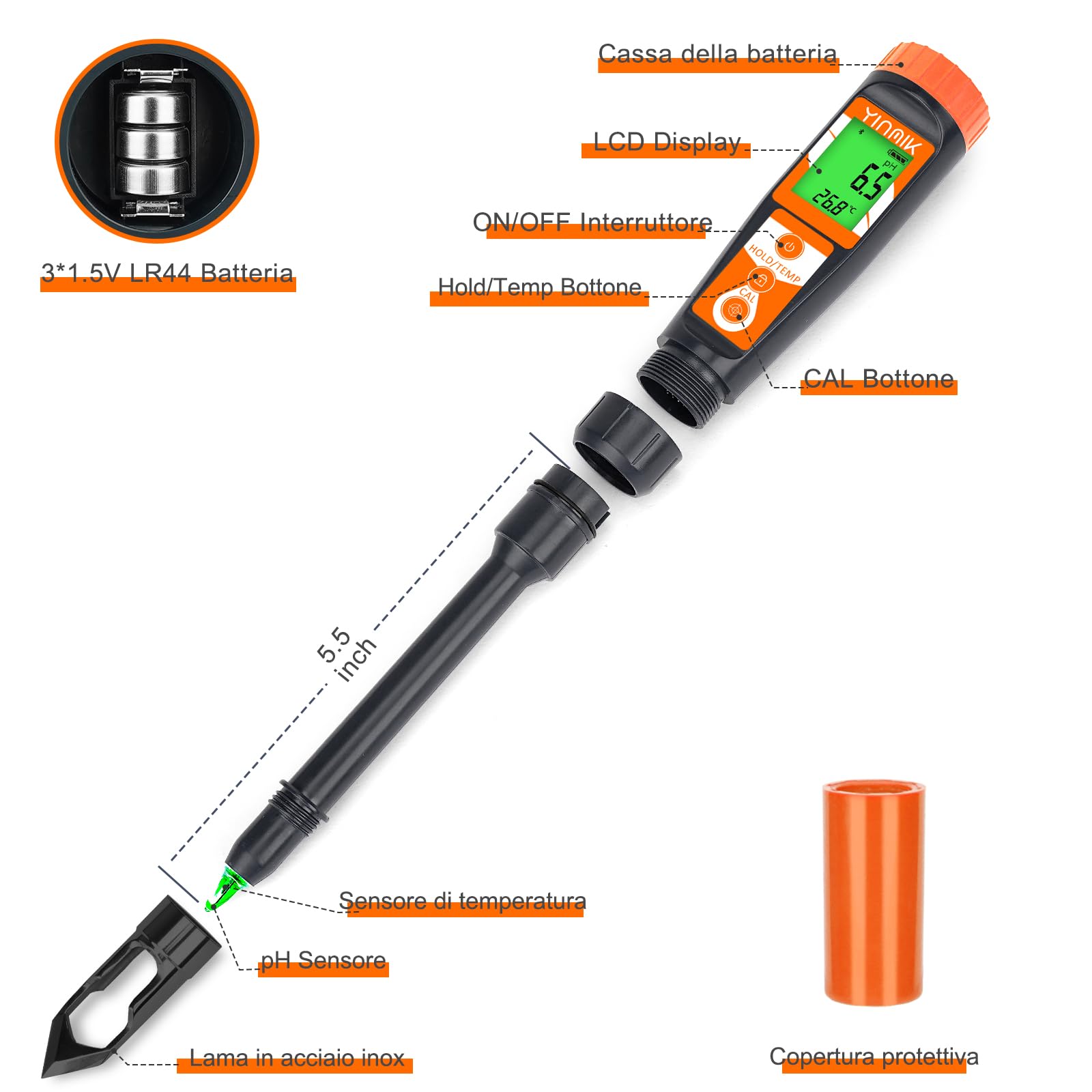 YINMIK Misuratore pH Terreno Professionale con Sonda Avanzata pHmetro di Precisione per Suolo, Acqua Alimenti | Kit Test pH Terreni con Strumento di Misurazione per Orto e Giardinaggio