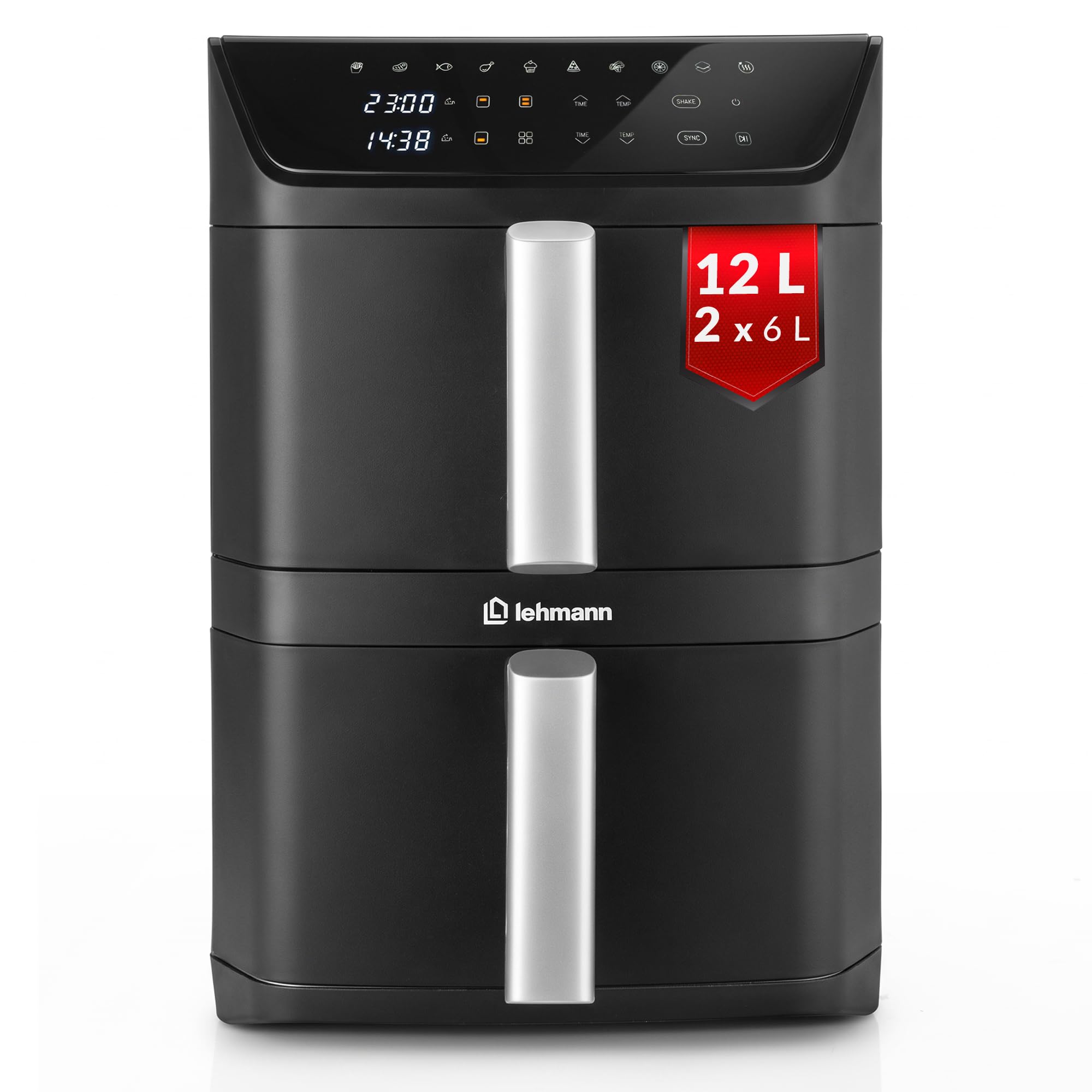LEHMANN Double Zone Air Fryer XXL 12L, Friteuse sans Huile Verticale à Double Tiroir, 10 Programmes, 40-230°C, Écran Tactile, Revêtement Antiadhésif, pour Grande Famille, 2800 W