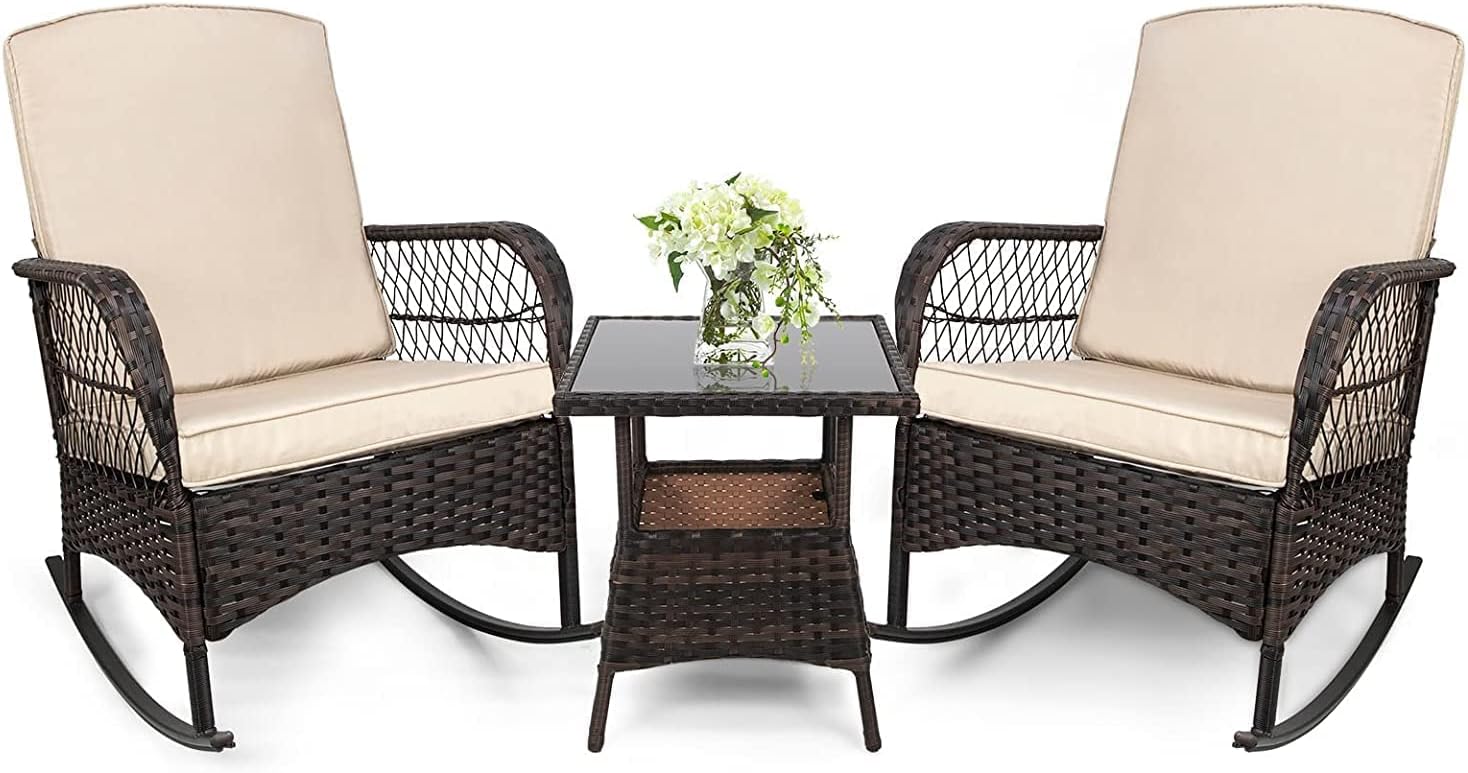 LEVELEVE 3 pcs Rocking Bistro Set Conversation Chairs PE Wicker Outdoor Rocking Chairs(Rocking Set,Sand)