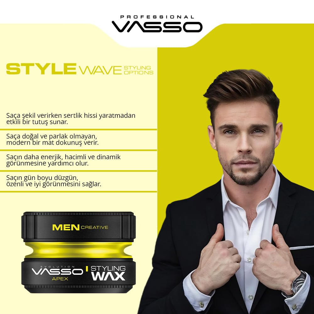 VASSO Saç Şekillendirici Mat Wax | Tüm Saç Tipleri | Doğal Tutuş ve Mat Görünüm | MATTE PASTE Apex 150 ml