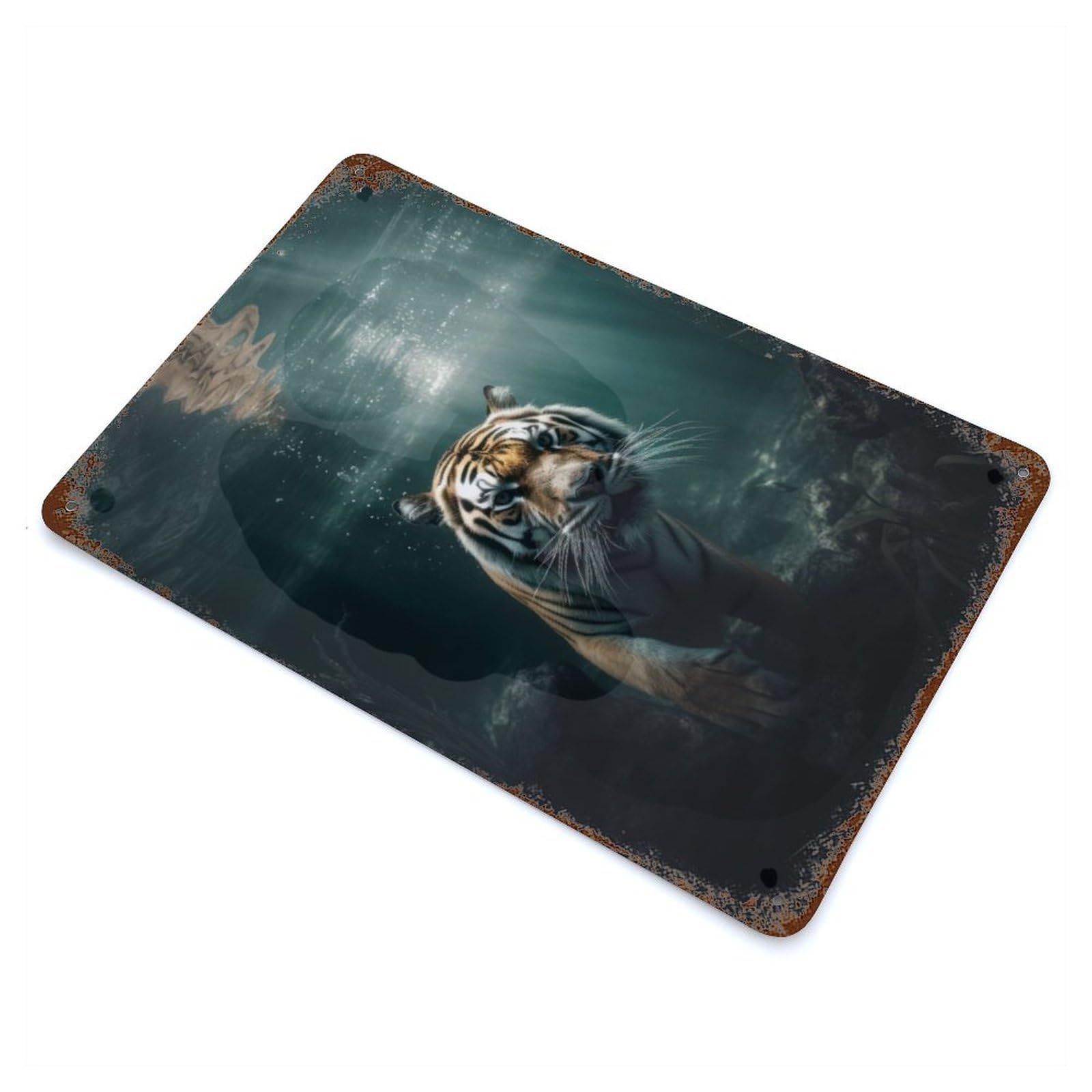 Tiger Underwater Swimming Rusty Metal Tin Sign 11.8"x7.9", Classic Wall Plaque for Pub, Kitchen And Man Cave Decor